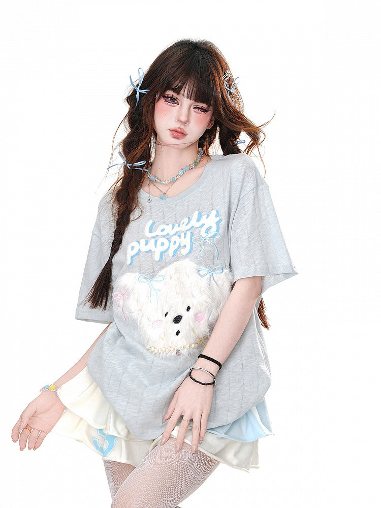 Loose T-Shirt Adorable Plush Puppy Bow Embroidered Blue