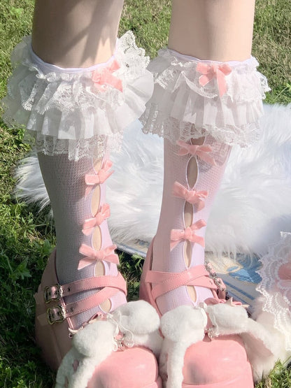 Ruffled Socks Cutout Bow Style Lolita Lace Calf Pink (Colors: