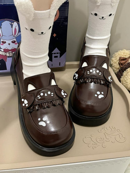 Shoes Cat PU Design with Accents Ear Preppy Print Style Slip-On - Mid-heel Brown Paw