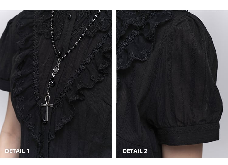 Black Lace Trim Short Sleeves Gothic Blouse