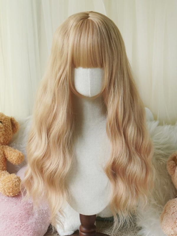 Schwarz/Weiß/Hellblond/Blond/Karamell/Grau, lange, gewellte Perücke mit vollem Pony