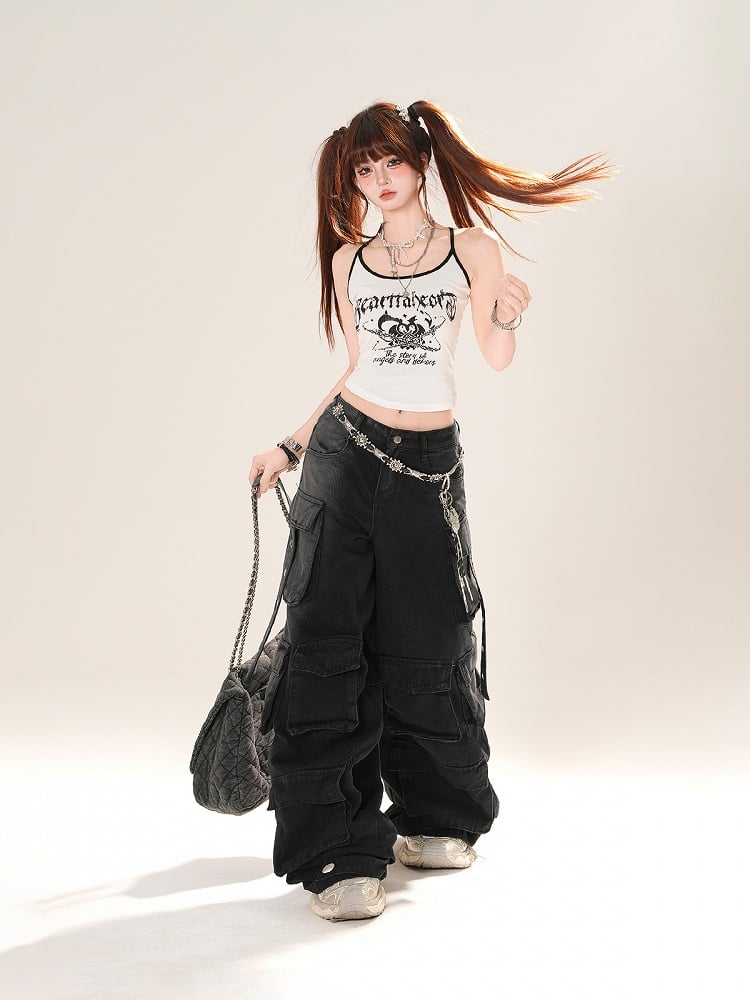 ブラック/ホワイト スリムフィット グラフィック キャミトップ