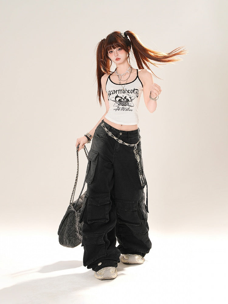 Blau/Schwarze Cargo-Jeans mit weitem Bein und niedriger Taille