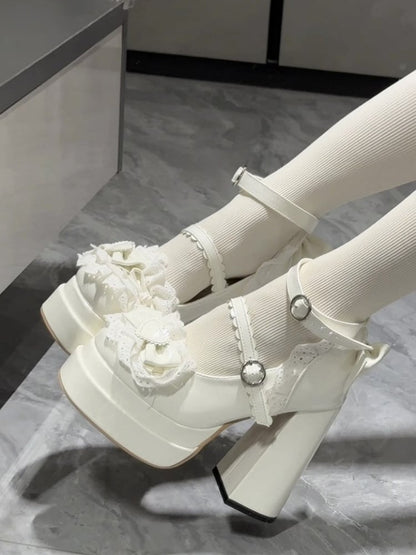 Heel Shoes Mary Lace Accents Bow Lolita Platform High with Sweet Jane and Trim White Block