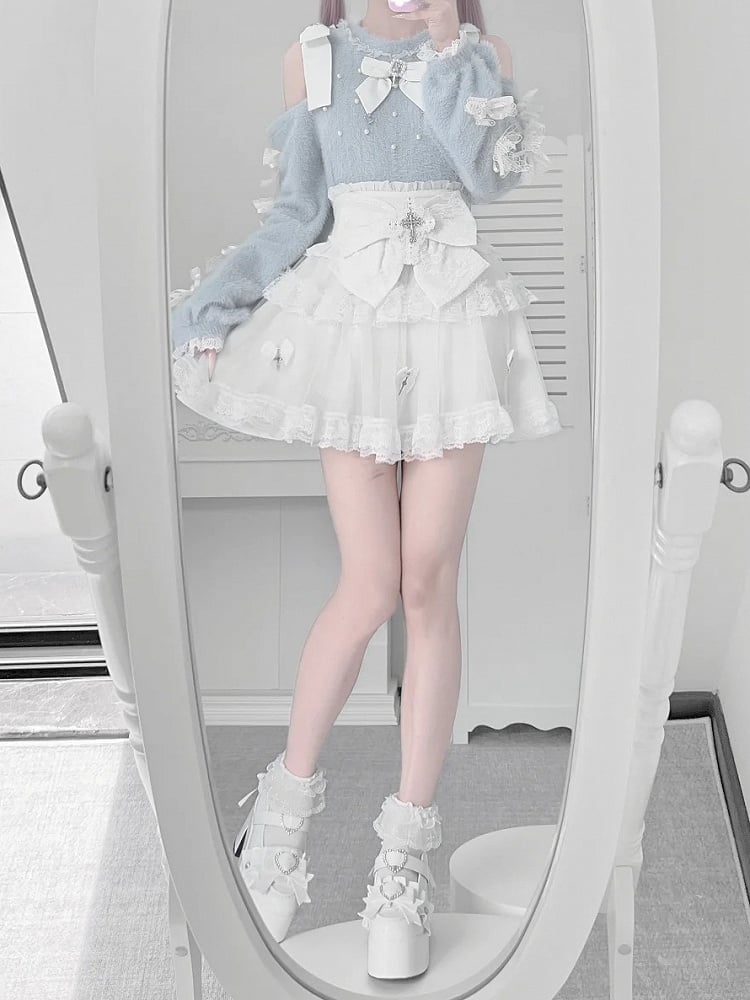Light Blue Open Shoulder Jirai Kei Sweater - Lace Bow Sleeve with Delicate Beadwork