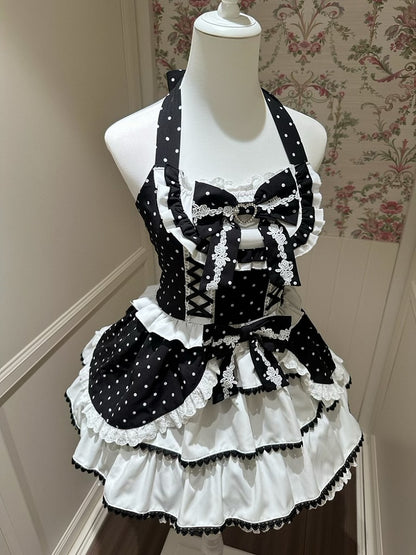 Black and White Polka Dot Elegant Halter Neck Dress / Black Peter Pan Collar Semi-Sheer Tulle Blouse