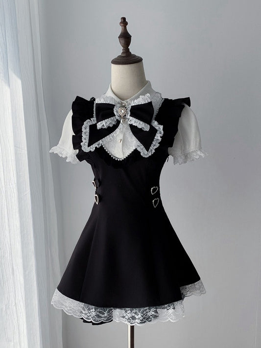 Black and White Jirai-Kei Lace Trim Short Sleeve Dress with Matching Shorts and Bow Tie Set - Ekomi