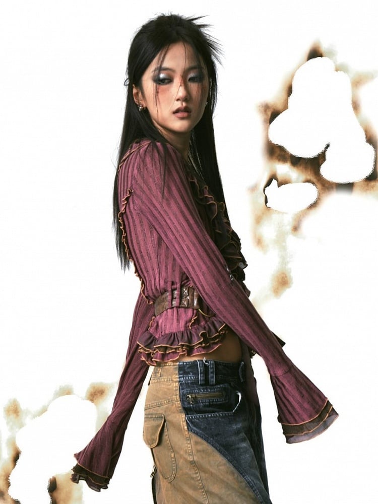 PU Purple-Red with Cardigan Adjustable Knit Ruffles Belt Tulle