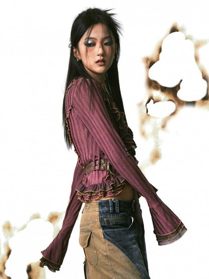 PU Purple-Red with Cardigan Adjustable Knit Ruffles Belt Tulle