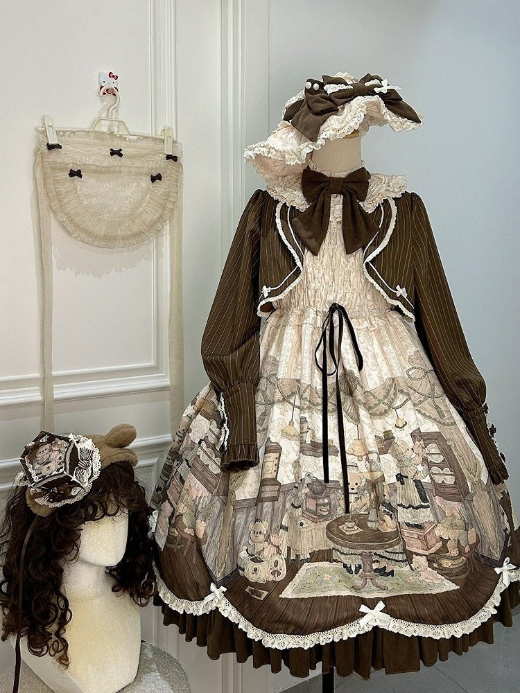 Fake Pieces Design Kaffee Cremig Lolita Haus Print Kleid Ärmel Lange Teddy Zwei