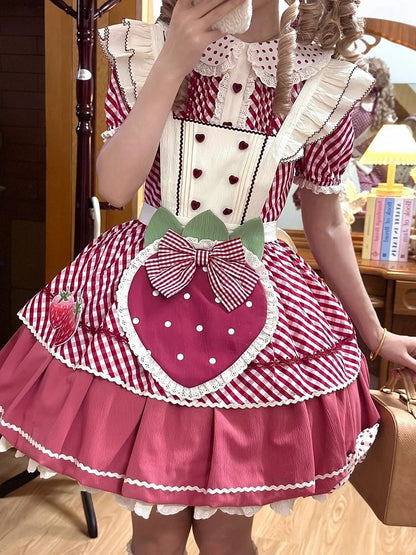 Kleid mit kariertem Lolita-Kragen, Peter-Muster, Erdbeer-Pfanne, süße rosa Schürze