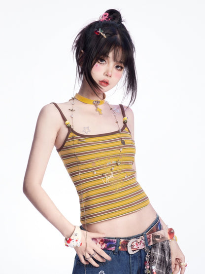 スクープトップネックライン ジンジャー/ピンクストライプ キャミソール スリムフィット