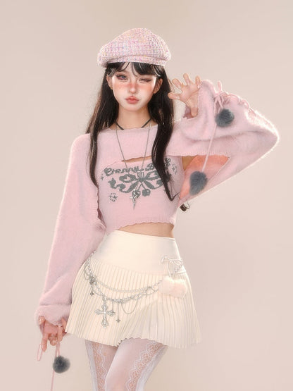 ピンクアプリコットの蝶結びクロップドトップス（シュラッグ付き）