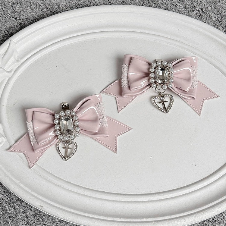 Pink Bowknot Decor Kei Shoe Jirai Black Pink/White Clips Beaded -