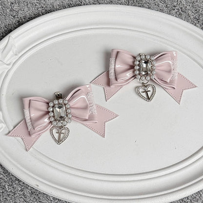 Pink Bowknot Decor Kei Shoe Jirai Black Pink/White Clips Beaded -