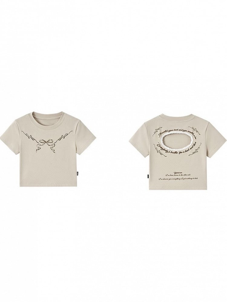 Cropped Lace with Trim Black Bow Punk Cutout Print Khaki T-Shirt Back