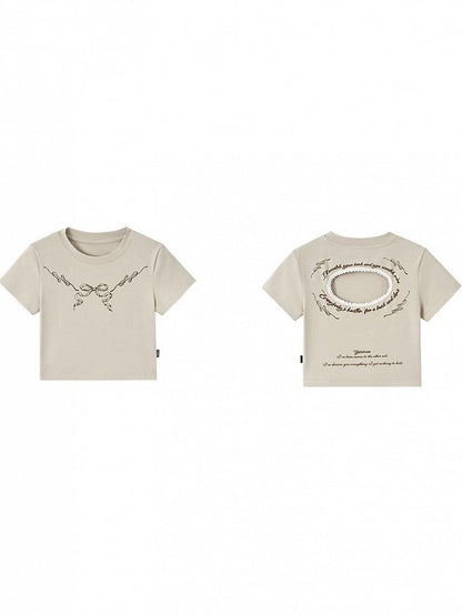 Cropped Lace with Trim Black Bow Punk Cutout Print Khaki T-Shirt Back
