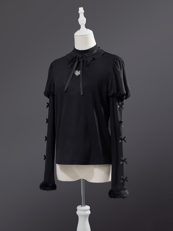 Schwarzes Lolita-Oberteil mit Juliette-Ärmeln und Herzausschnitt