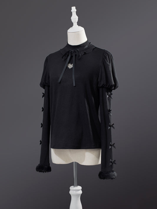 Schwarzes Lolita-Oberteil mit Juliette-Ärmeln und Herzausschnitt