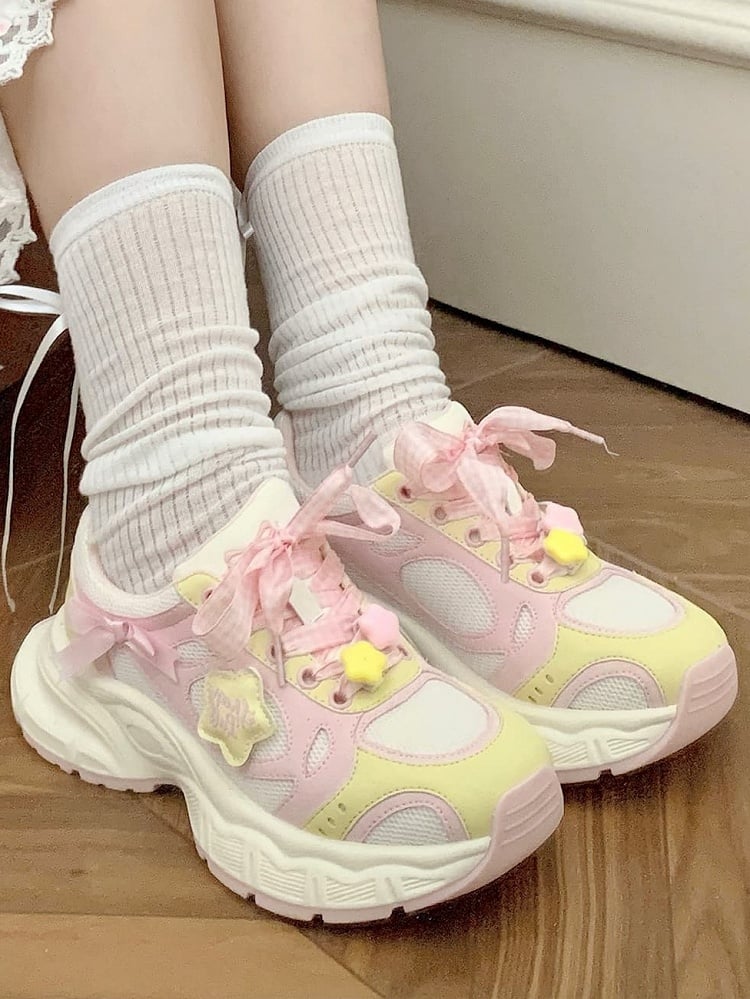 in Platform Pink Lolita Design Bow Plaid Lace-up Star Sweet Details Sneakers Yellow And