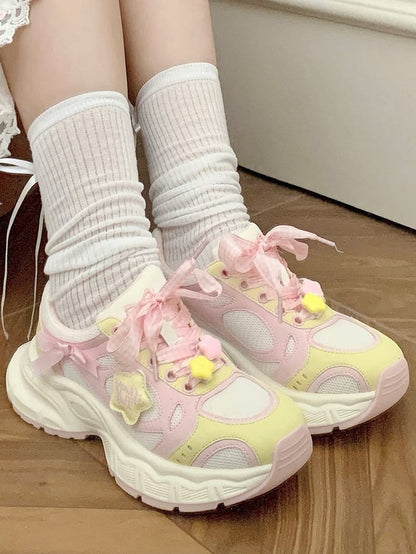 in Platform Pink Lolita Design Bow Plaid Lace-up Star Sweet Details Sneakers Yellow And