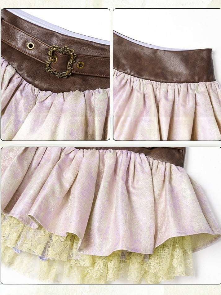 Purple & Green Fairycore Mori Layered Ruffle Skirt with Lace Trim - Virtual Orbit