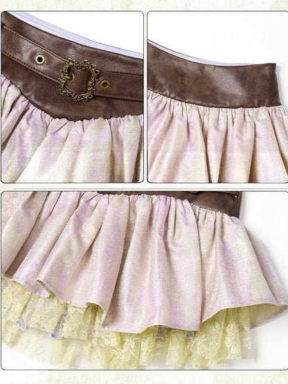 Purple & Green Fairycore Mori Layered Ruffle Skirt with Lace Trim - Virtual Orbit