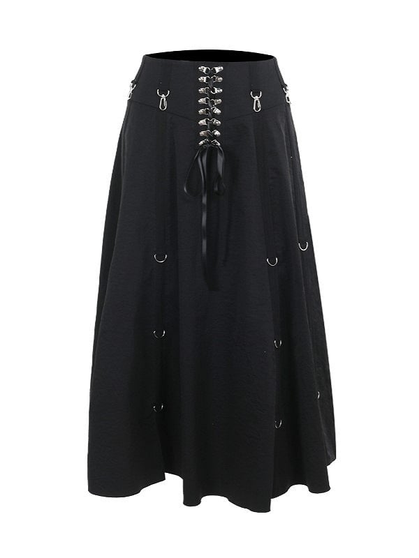 Hook Detail Front Halloween with Midi Skirt Cyberpunk Lace-Up Black Gothic