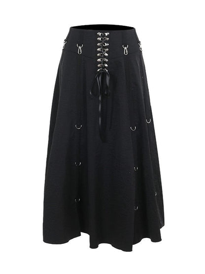 Hook Detail Front Halloween with Midi Skirt Cyberpunk Lace-Up Black Gothic