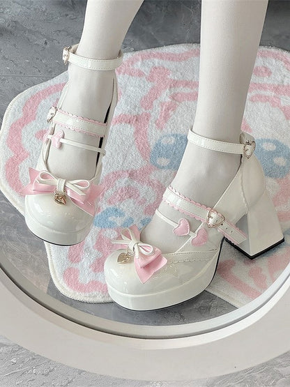 High-heel Heart Round-Toe Elegant Bow with White Charm Janes Decor and Top at Lolita Mary Pink