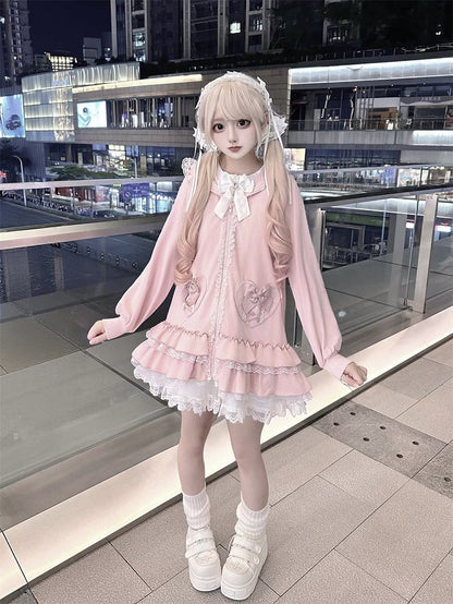 Tiered Pink Sweet | Hoodie Ruffles Kei Dress Heart Pockets Jirai Bunny-Eared