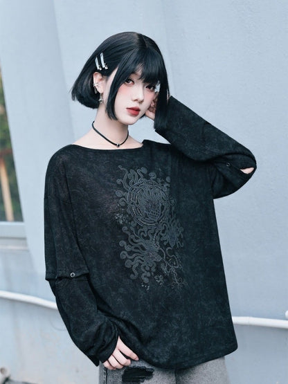 Black Detachable Sleeve UV Tee with Sea Lily Print - Quirky Hut