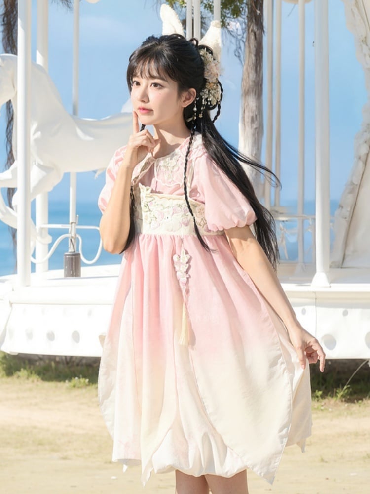 Ombre Style Spaghettiträgerkleid Empire Rosa Taille Erdbeerstickerei Cheongsam