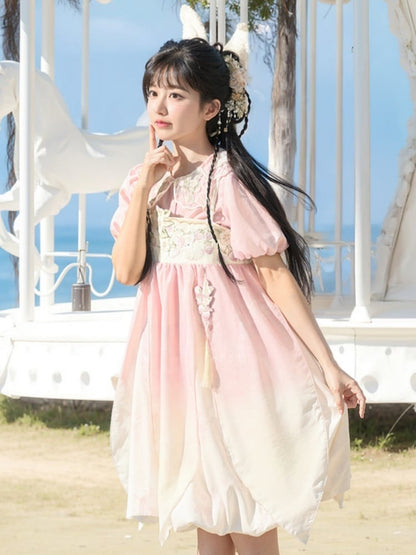 Ombre Style Spaghettiträgerkleid Empire Rosa Taille Erdbeerstickerei Cheongsam