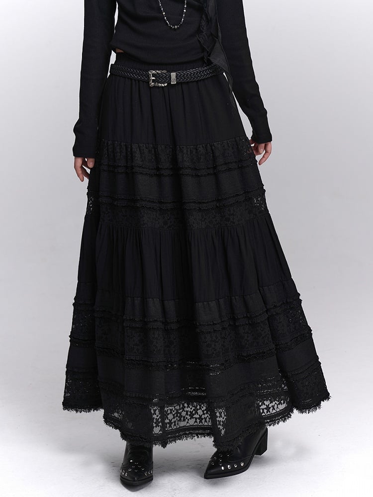 Lace Elastic Waist with Black Lining Patchwork Skirt Gothic Maxi