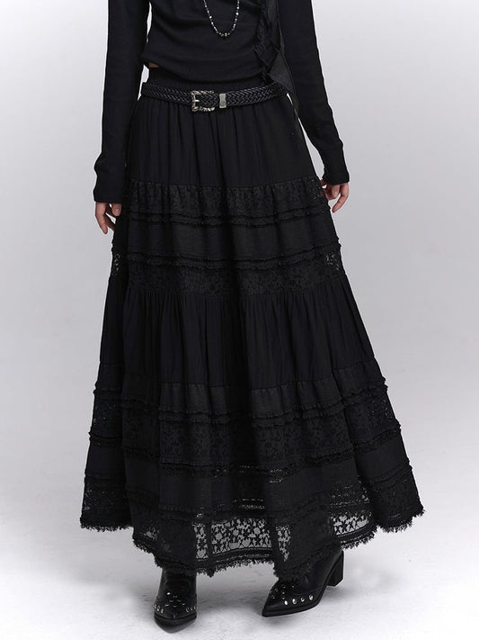 Lace Elastic Waist with Black Lining Patchwork Skirt Gothic Maxi