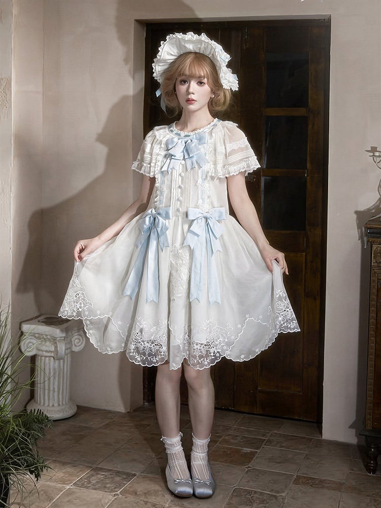 White Flutter Sleeve Lolita Dress with Bows and Scallop Trim