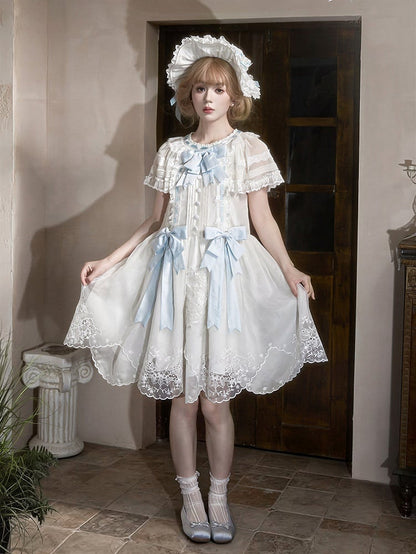 White Flutter Sleeve Lolita Dress with Bows and Scallop Trim