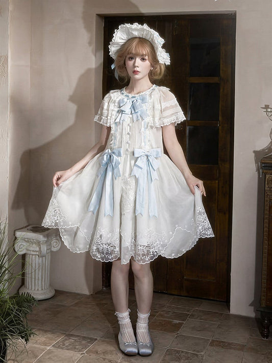 White Flutter Sleeve Lolita Dress with Bows and Scallop Trim