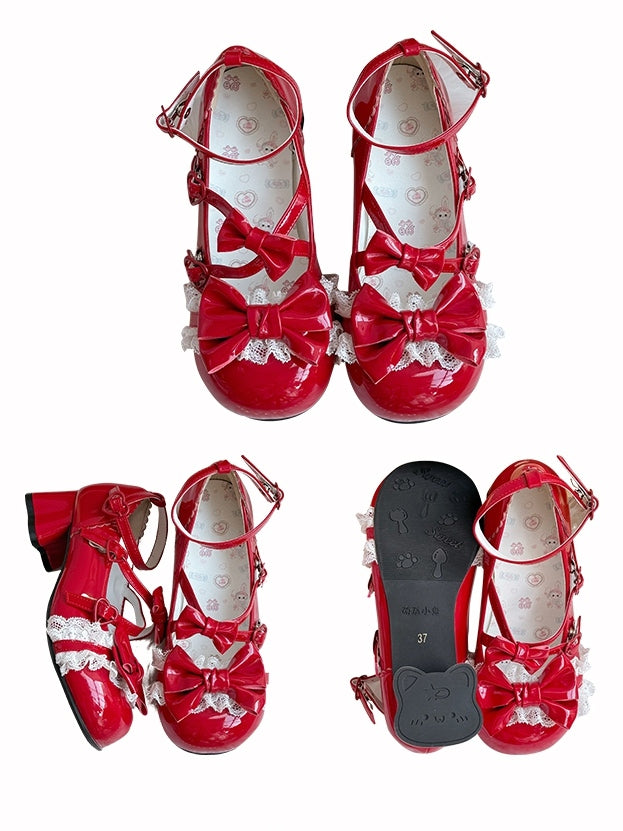 Round Toe Janes for Details Accents Lolita Mary - Mid-heel with Red Heel Cat-shaped Bow Lace