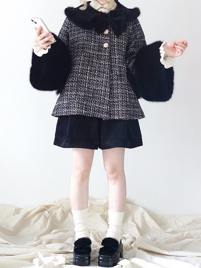 Fur Cropped Plush Black Tweed White Faux with Lolita Cuffs Coat