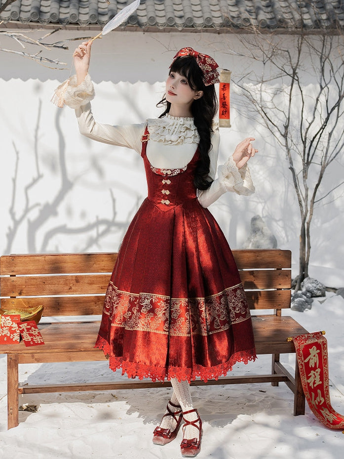 New Boned Red Chinoiserie Version Dress Under Year Lolita Long Waist Bust Gold