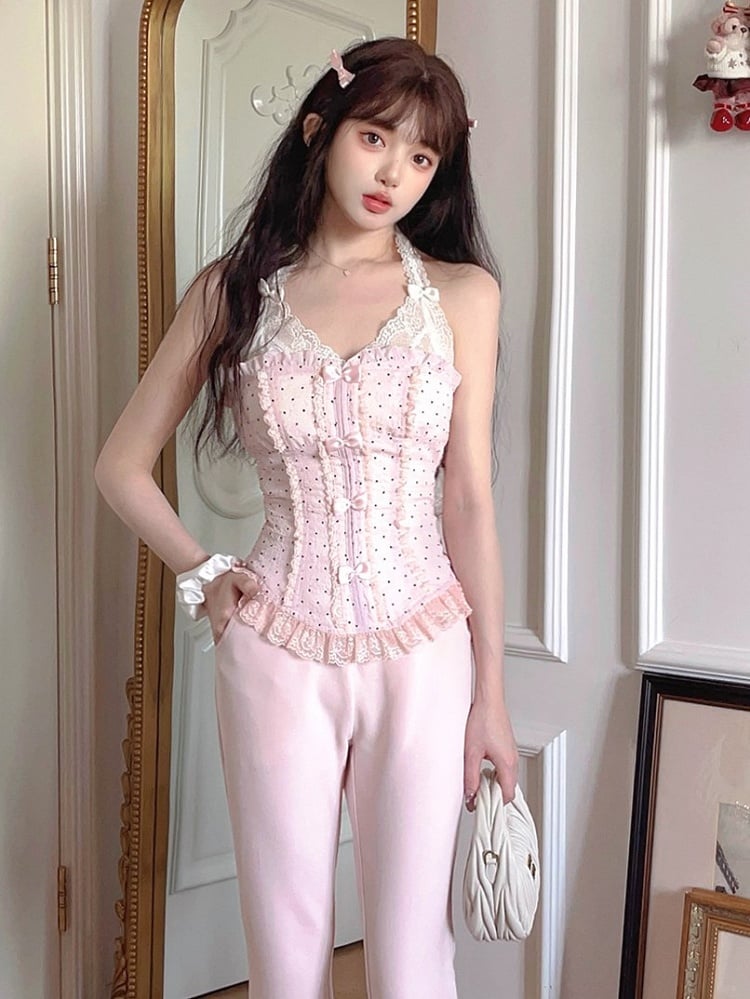 Pink Bustier Pattern With Black Polka-dot Chiffon