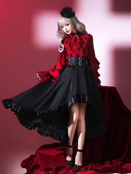 Black High Waist Gothic Lolita Cascading Ruffle High-low Skirt