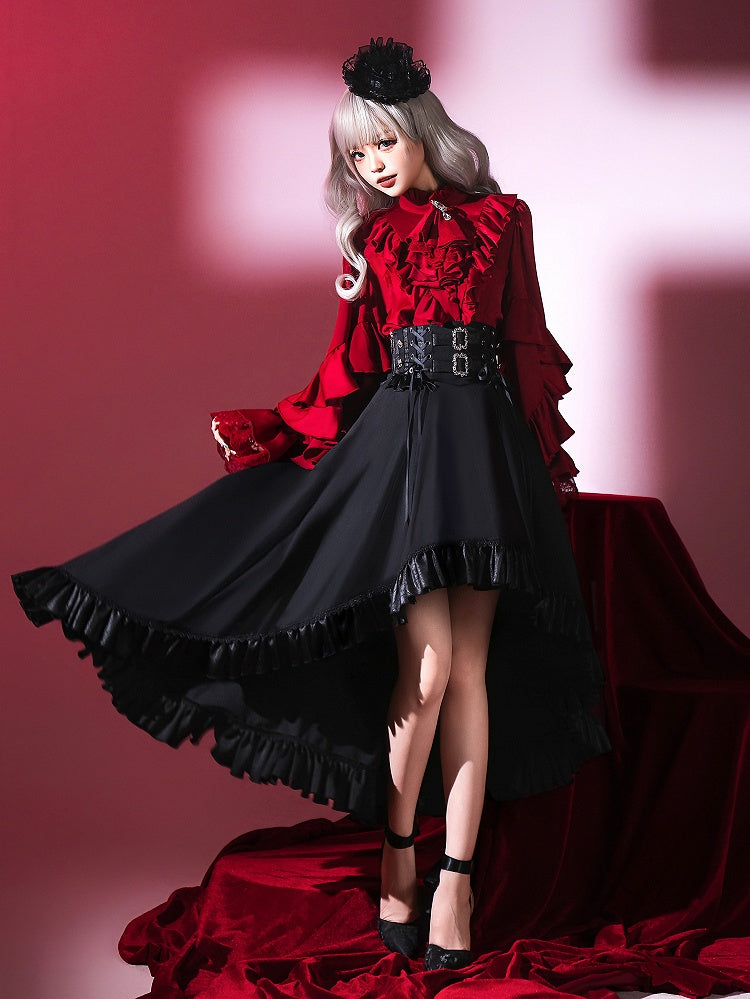 Lolita Waist High Gothic High-low Ruffle Skirt Cascading Black