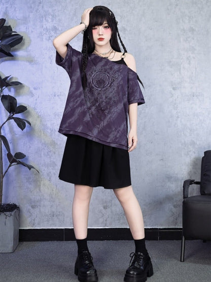 Gothic Purple Faux Two-Piece Off-Shoulder Tee with Sea Lily Print - Quirky Hut