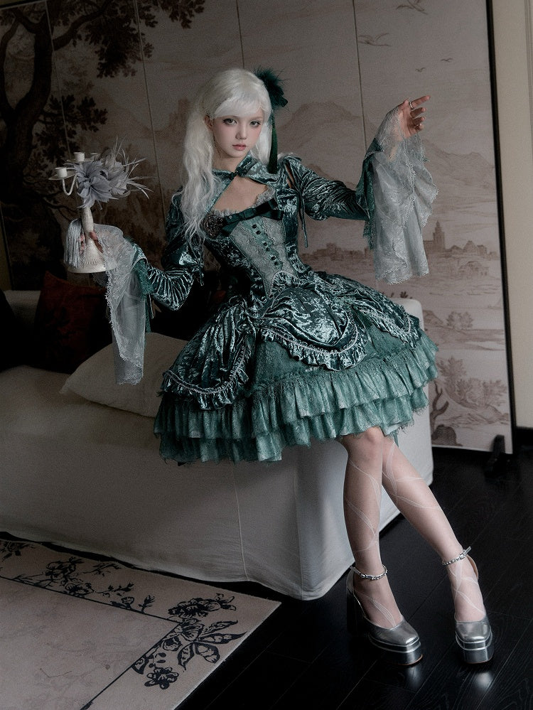 Green Detachable Long Bell Sleeves Snake Bones Embroidery Velvet Top