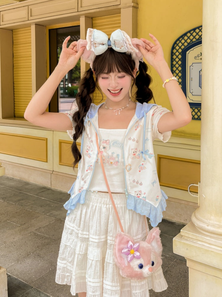 裾ホワイトスクープネックライン キャットプリント レタスキャミトップ