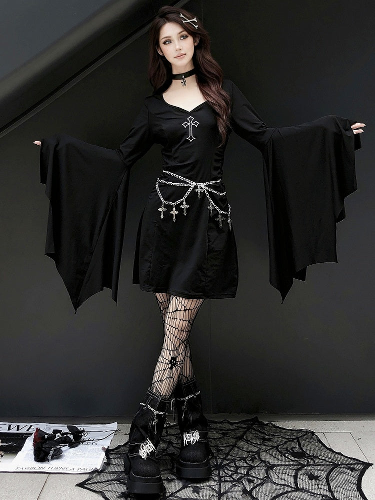 Gothic Punk Black Cross V-neck Flounce Bell Sleeves Dress with Waistchain Set