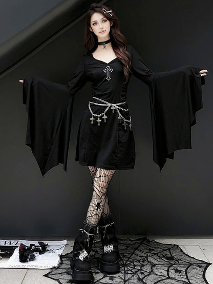 Gothic Punk Black Cross V-neck Flounce Bell Sleeves Dress with Waistchain Set